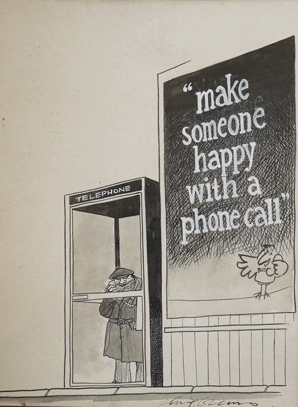 20th century, heightened ink cartoon, 'Make Someone Happy with a Phone Call', signed in ink Guy ?, 27 x 20cm. Condition - fair